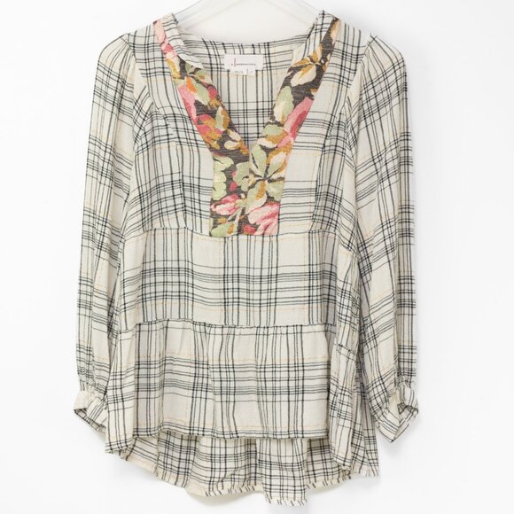 Anthropologie Darlene Plaid Peasant Blouse Plaid Top Floral Yoke Size Small - Picture 2 of 7
